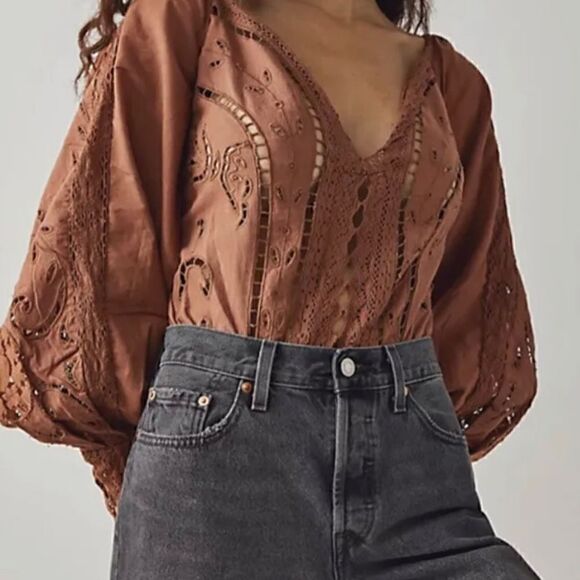 NWOT Free People Regina Bodysuit Top Thong Eyelet Balloon Sleeves Smocked Retro - Picture 3 of 15